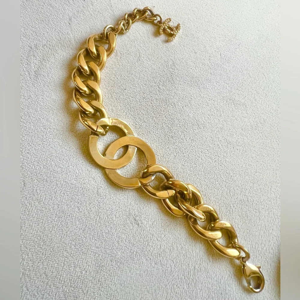 CHANEL Rhinestone CC Logo Chunky Chain Bracelet